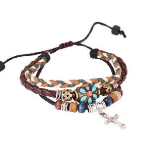Beaded Double Strands Leather Zen Bracelet Adjustable Wirstband with Dangle Cross and Flower Bead L94 Vintage Womens Beaded Bracelet Jewelry