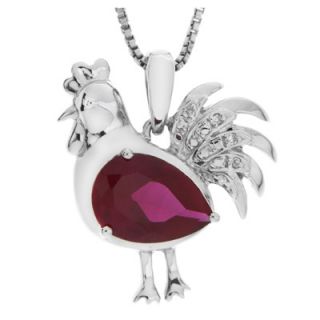 Pear Shaped Lab Created Ruby and Diamond Accent Rooster Pendant in
