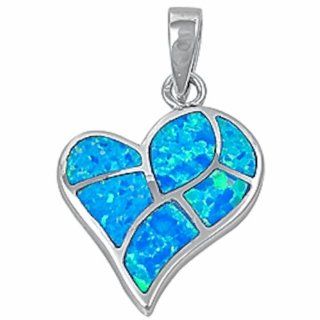 Lab Created Blue Opal Heart .925Sterling Silver Pendant Necklace Jewelry