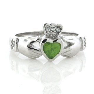 .925 Sterling Silver Irish Claddagh Friendship and Love Green Peridot CZ Heart Band Ring Size 5, 6, 7, 8, 9 Nickel Free (6) Jewelry