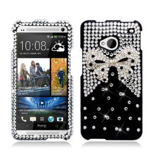 Aimo Wireless HTCM7PC3D SD929 3D Premium Stylish Diamond Bling Case for HTC One/M7   Retail Packaging   White Black Bow Tie Cell Phones & Accessories