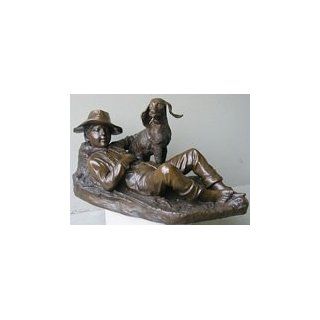 Boy and his Dog Lying Down Bronze Statue Sports & Outdoors