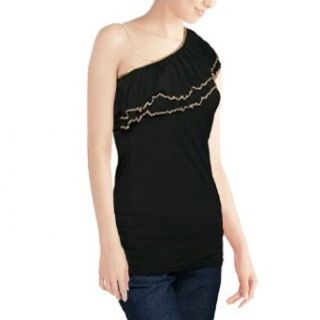 Women Metal Chain Decor Single Shoulder Black Shirt XS Blouses
