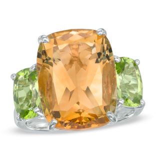 Cushion Cut Citrine and Peridot Ring in Sterling Silver   Size 7