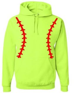 Softball Pullover Hooded Sweatshirt (Unisex Adult Hoodie)   Neon Safety Green / Red (SMALL (Unisex Youth Sizing)) Sports & Outdoors