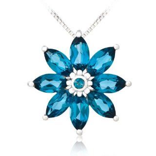 Sterling Silver London Blue Topaz Flower Pendant Necklace, 18" Jewelry