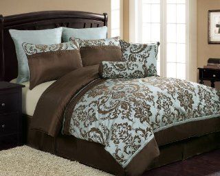 Victoria Classics Daniella 8 Piece Flocked Comforter Set, King, Blue/Brown   Bedding Sets King