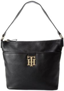 Tommy Hilfiger Monogrammed Pebble Bucket Hobo Handbag,Black 990,One Size Clothing
