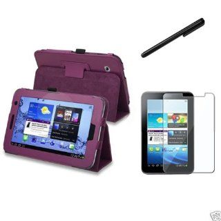 Snap on Cover Fits Samsung P3100 Galaxy Tab 2 (7.0) Purple Folio Stand PU Leather +SPT+Stylus Verizon Cell Phones & Accessories