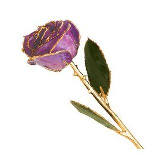 Long Stem Dipped 24K Gold Trim Purple Genuine Rose In Gold Gift Box Jewelry