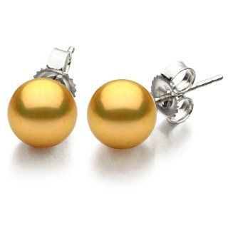 14K White Gold 8 9mm Gold Freshwater Cultured Pearl Stud Earrings AAA Quality Jewelry