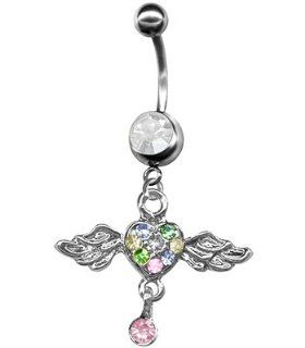 Multi Color Pave Heart Angel Wings Belly Ring Wings with Heart Dangle Belly Ring 14g Stainless Steel Navel Ring (C. 3/8 inch (10mm)) Jewelry