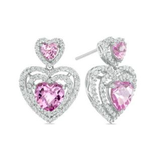 Heart Shaped Lab Created Pink and White Sapphire Double Heart Earrings