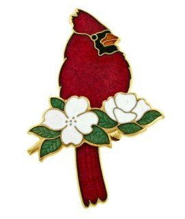 Gold plated and vitreous hand enameled Cardinal and dogwood pin or brooch Jewelry