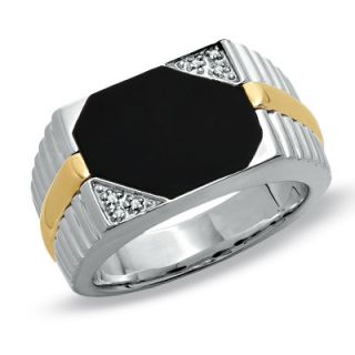Mens Onyx and Diamond Ring in 14K Gold and Sterling Silver   Zales