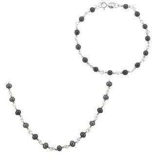 Sterling Silver Hematite Rosary Bead Set of Necklace, 18" and Bracelet, 7" Jewelry