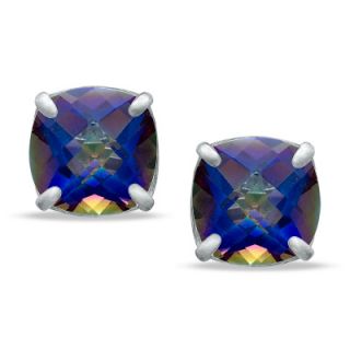 0mm Cushion Cut Blue Rainbow Quartz Stud Earrings in Sterling Silver