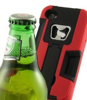 RED BLACK BOTTLE OPENER RUBBER HARD CASE STAND WALLET FOR APPLE iPHONE 4S 4 Cell Phones & Accessories