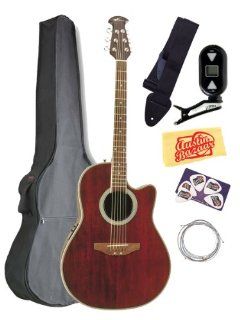 Ovation Applause AE128 RR Super Shallow Cutaway Acoustic Electric Guitar Bundle with Gig Bag, Tuner, Strap, Strings, Picks, and Polishing Cloth   Ruby Red Musical Instruments