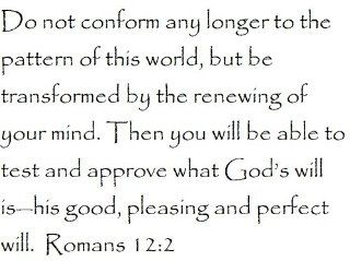 Do not conform any longer to the pattern of this world, but be transformed by the renewing of your mind. Then you will be able to test and approve what God's will is his good, pleasing and perfect will. Romans 122   Wall and home scripture, lettering,