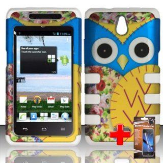 Huawei Ascend Plus H881c (StraightTalk) 2 Piece Silicon Soft Skin Hard Plastic Shell Image Case Cover, Blue/Yellow Cute Cartoon Owl Cover+ LCD Clear Screen Saver Protector Cell Phones & Accessories