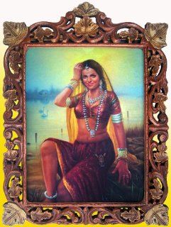 Indian Traditional Lady Sitting on Mountain Poster Painting in Hand Made Wood Craft Frame   Prints