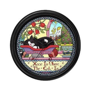 Lightweight Black Plastic Framed Home is Where the Cat is Wall Art Clock  