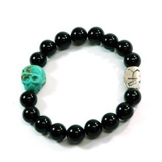 Unisex Black Onyx Gemstone "Control" Bracelet with Tibetan Turquoise Skull Handmade Stretch Bracelets Jewelry