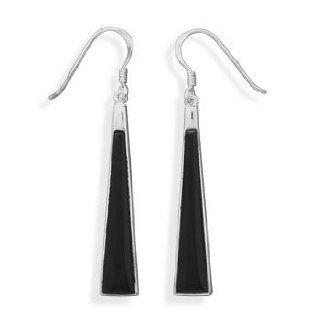 Black Onyx Triangle Earrings. Sterling silver and black onyx french wire earrings. The long triangle shape black onyx measures 2mm   6mm wide and 30mm long. The earrings hang approximately 49mm. Jewelry