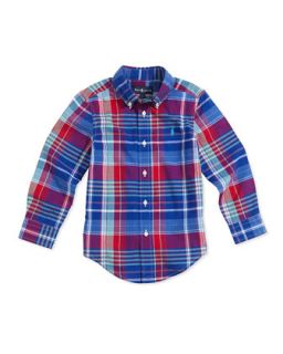 Madras Plaid Button Down Shirt, Royal Multi, Boys 2T 3T   Ralph Lauren