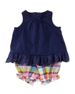 Enzyme Eyelet Trimmed Tunic & Plaid Bloomers Set, Newport Navy, Sizes 9 24