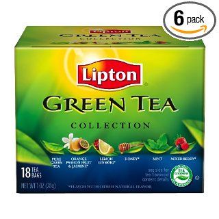 Lipton Green Tea Collection, Variety Pack of Six Flavors, Tea Bags, 18 Count Boxes (Pack of 6)  Grocery Tea Sampler  Grocery & Gourmet Food