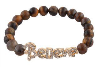 2 Pieces of Brown with Gold Iced Out Believe Inspirational Stretch Beaded Bracelet Jewelry