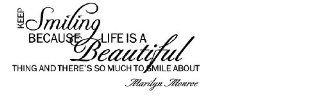 Keep Smiling Because Life is a Beautiful thing and there's so much to smile about Marilyn Monroe wall quote wall decals wall decals quotes   Wall Decor Stickers