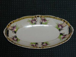 1914 1940 NORITAKE BUTTER/RELISH TRAY DISH N3442 PURPLE FLOWERS GOLD TRIM THE BACK STAMP IS THE LETTER "M" IN THE MIDDLE SURROUNDED BY WREATH CROWNED NORITAKE BELOW THIS HAND PAINTED MADE IN JAPAN  