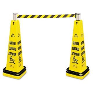 Rubbermaid Products   Rubbermaid   Portable Barricade System, Plastic, 12 1/4 x 12 1/4 x 39 3/4, Yellow   Sold As 1 Each   Stacking, four sided, yellow safety cone comes with a double weight ring to prevent tipping and a self retracting belt that outlines 