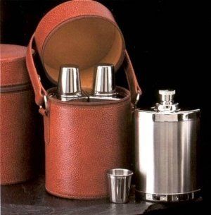 Flask set is in a 6 piece bar set containing 3  14oz Stainless Steel Flasks with 3 cups in Brown Leather Case Kitchen & Dining