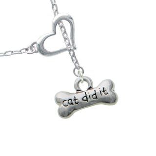 Cat did It and Paw Prints with AB Crystal Heart Lariat Charm Necklace Pendant Necklaces Jewelry