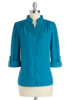 Everything is Heirloom inated Top in Teal  Mod Retro Vintage Short Sleeve Shirts