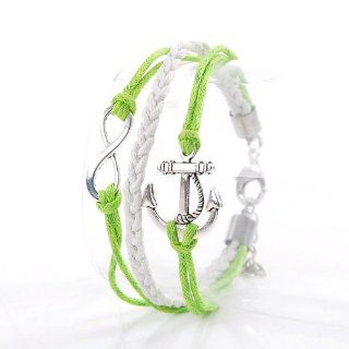Never Ending Love Green Wax Rope Braided Bracelet with Anchor and Infinity Symbol 7 7/8" Jewelry