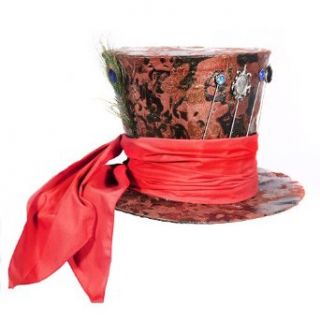 HMS The Mad Rabbit Hat Handmade Velour Finish with Metal Tie Pins Full Sash and Feather Trim, Brown, One Size Clothing