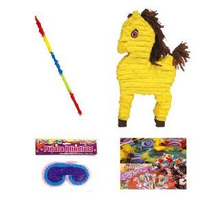 Yellow Horse Pinata Party Pack / Kits Including Pinata, Bit of Everyones Favorites Candy Filler Mix 2lb, Buster Stick and Blindfold Toys & Games
