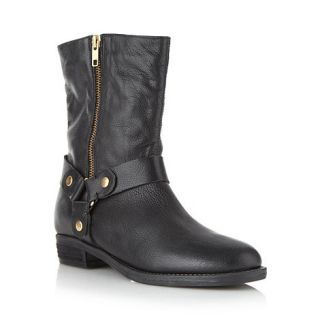 Faith Black leather mock zip low heel ankle boots