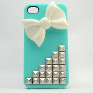 Morechoice Punk Style DIY Unique Handmade Customization White Bow & Silver Pyramid Studs Iphone 5 5S Case Studded iPhone 5 Case   Blue Cell Phones & Accessories