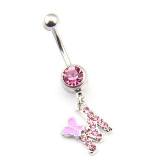 316L Surgical Steel 14 Guage Letter M Dangle Cute Pink Gem Crystal Navel Belly Bar Ring Stud Button Fashion Girl Women Body Piercing Jewelry 14G 1.6mm 7/16 Inch Size Jewelry