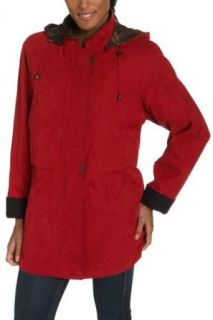 Liz Claiborne Women's Microfiber Snap Front Anorak With Hood And Mellow Pillow Lining, Autumn Red, Large Outerwear