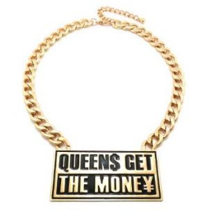 QUEENS GET THE MONEY Gold Tone Fashion Necklace w/ 12mm 18" Link Chain ON1016GDBLK Clothing