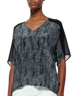Womens Lace Print V Neck Silk Top, Petite   Eileen Fisher   Charcoal (PM