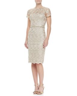Womens Short Sleeve Lace Beaded Cocktail Dress   David Meister   Taupe (2)