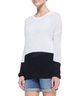 Womens Drop Shoulder Colorblock Sweater, Optic White/Coastal   Vince   Optic
